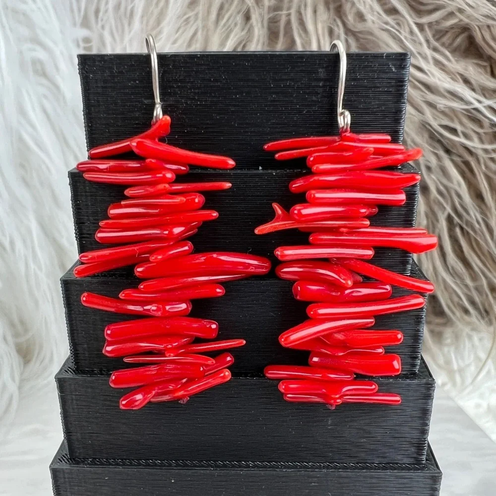 Vintage bohemian chic silvertone and red pierced earrings